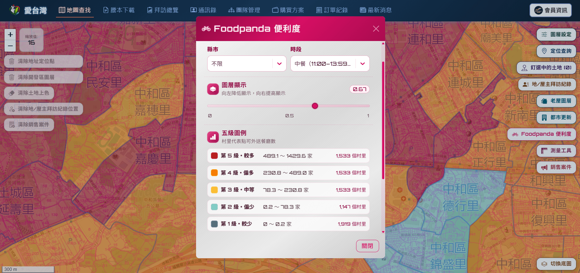 愛台灣 Foodpanda 便利度圖層搭配村里界