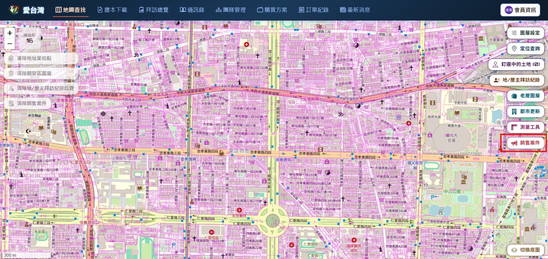 愛台灣地圖查找新增銷售案件按鈕,可查看房仲刊登物件與市場開價