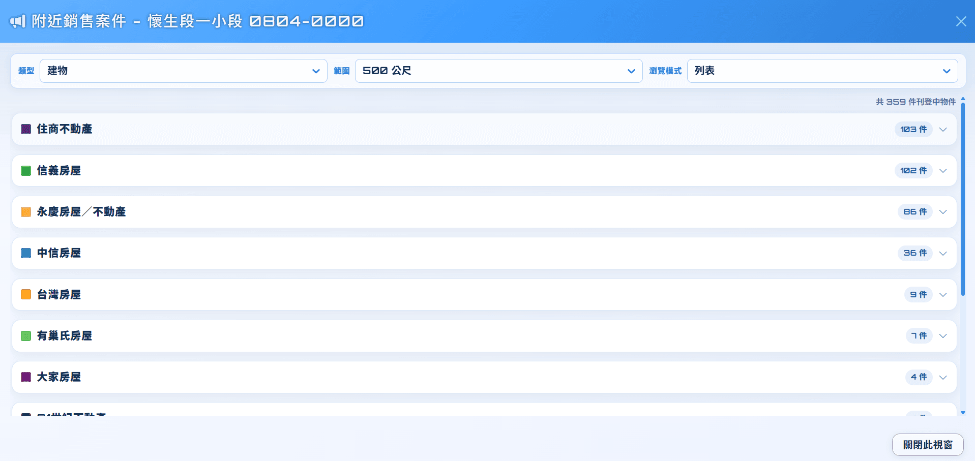 愛台灣附近銷售案件列表模式,依房仲品牌與案件數量收合顯示