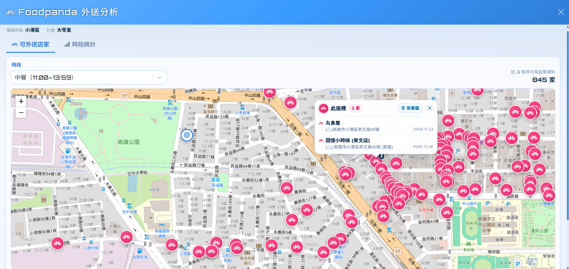 愛台灣 Foodpanda 外送分析可外送店家頁籤,地圖顯示可送達店家與同座標店家清單