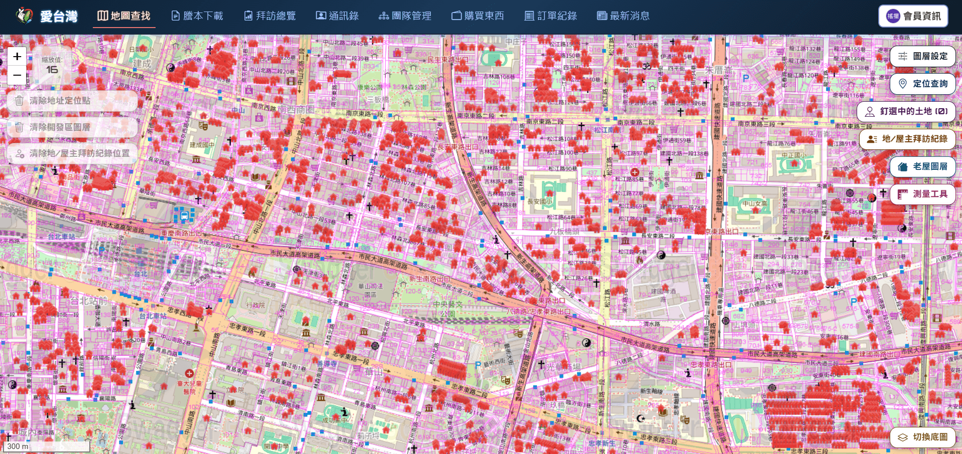 愛台灣地圖查找頁面顯示老屋圖層,地圖上以房子圖示呈現老屋土地分布